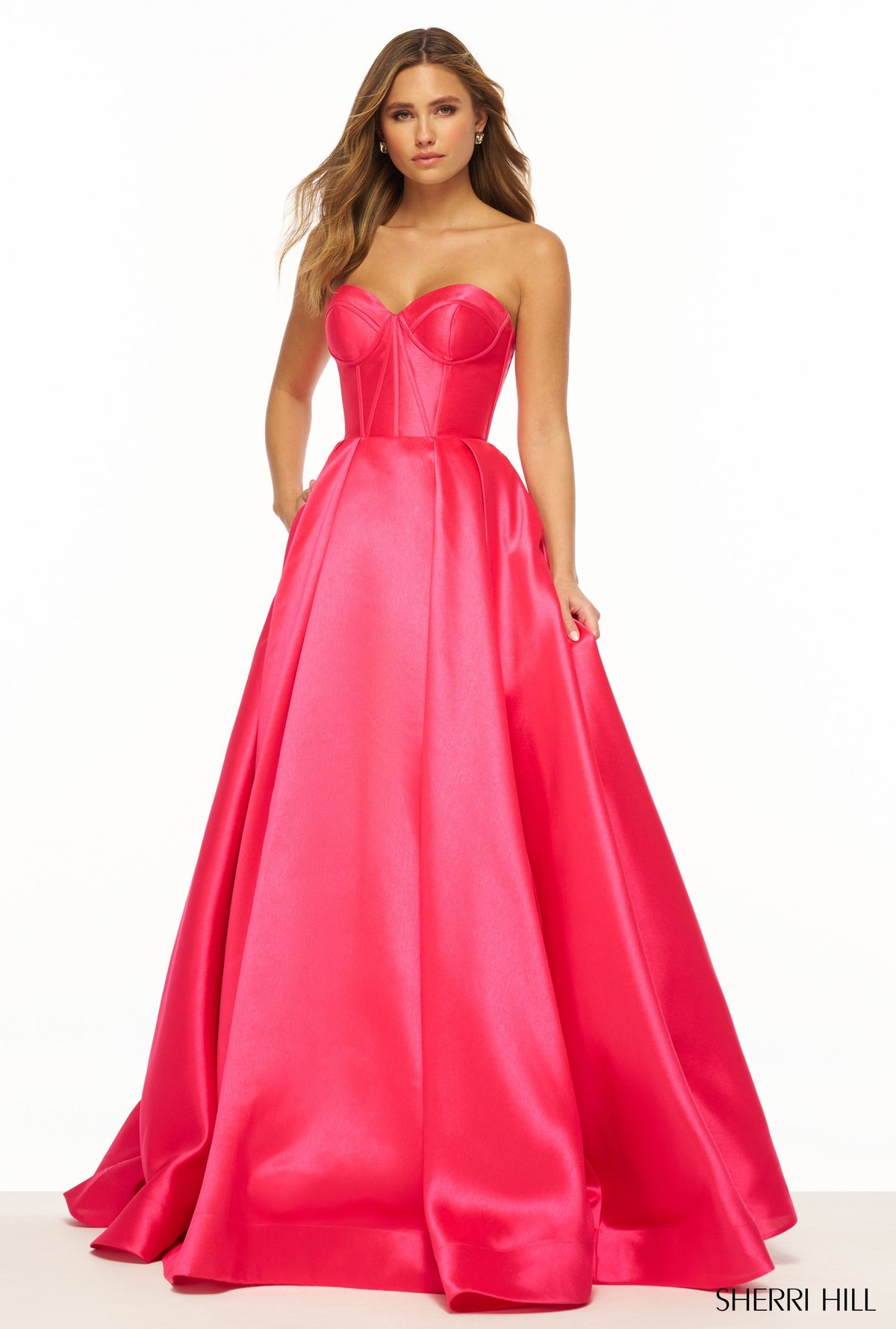 Sherri Hill 56133 strapless mikado ball gown in fuchsia