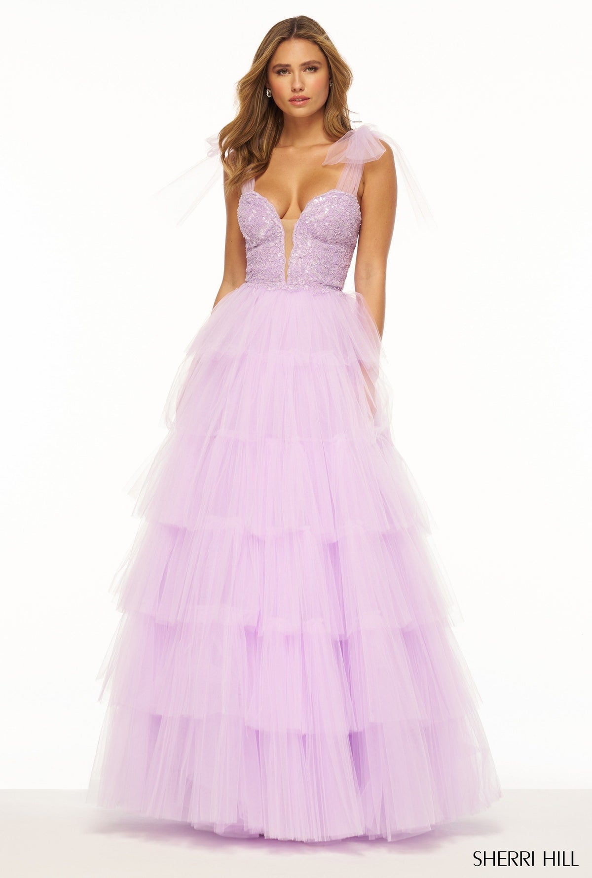 Sherri Hill 56138 lace bodice ruffle ballgown in lilac