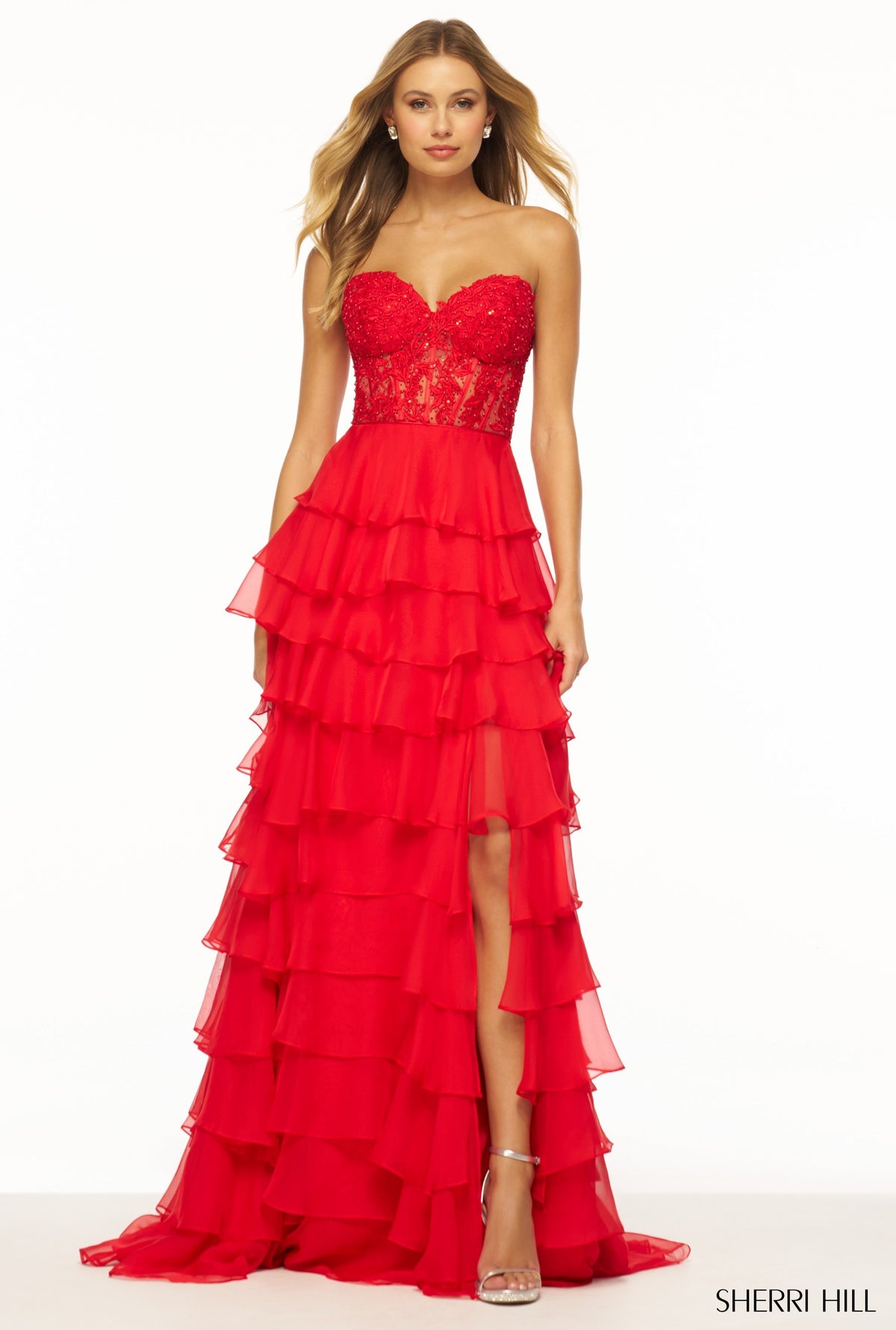 Sherri Hill 56162 strapless gown in red