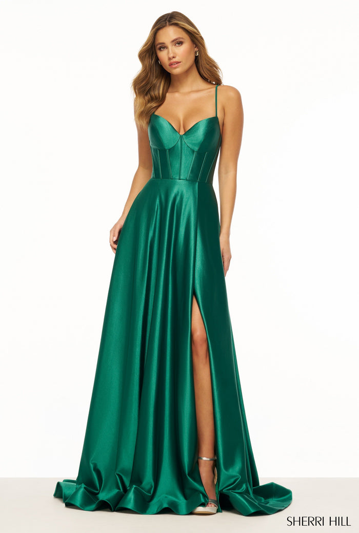 strapless open back dress Zapaka Women Dark Green Prom Dress with Slit Sparkly A-Line V-Neck Formal Dress, Dark Green / S main image 0