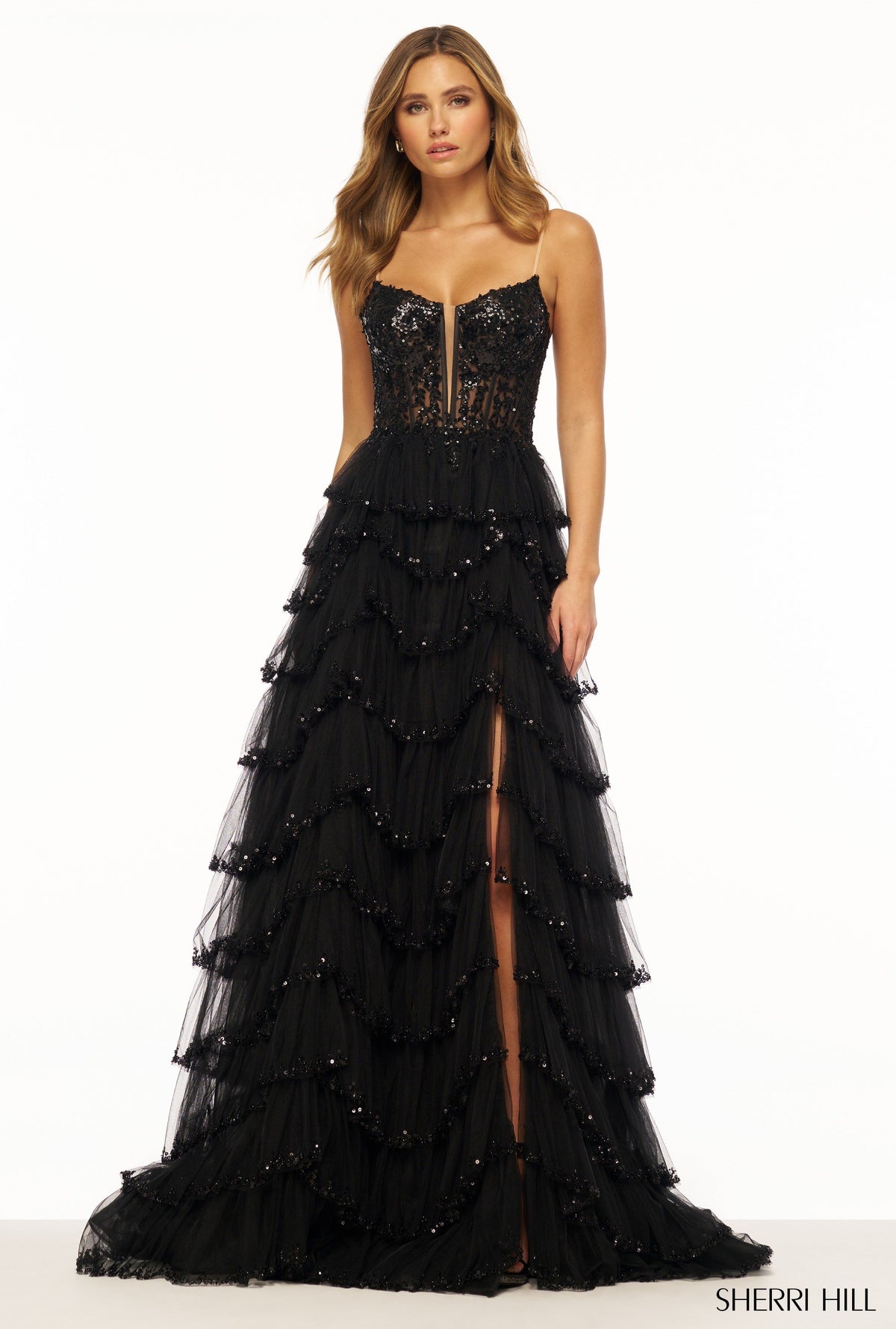 Sherri Hill 56193 lace corset beaded gown in black