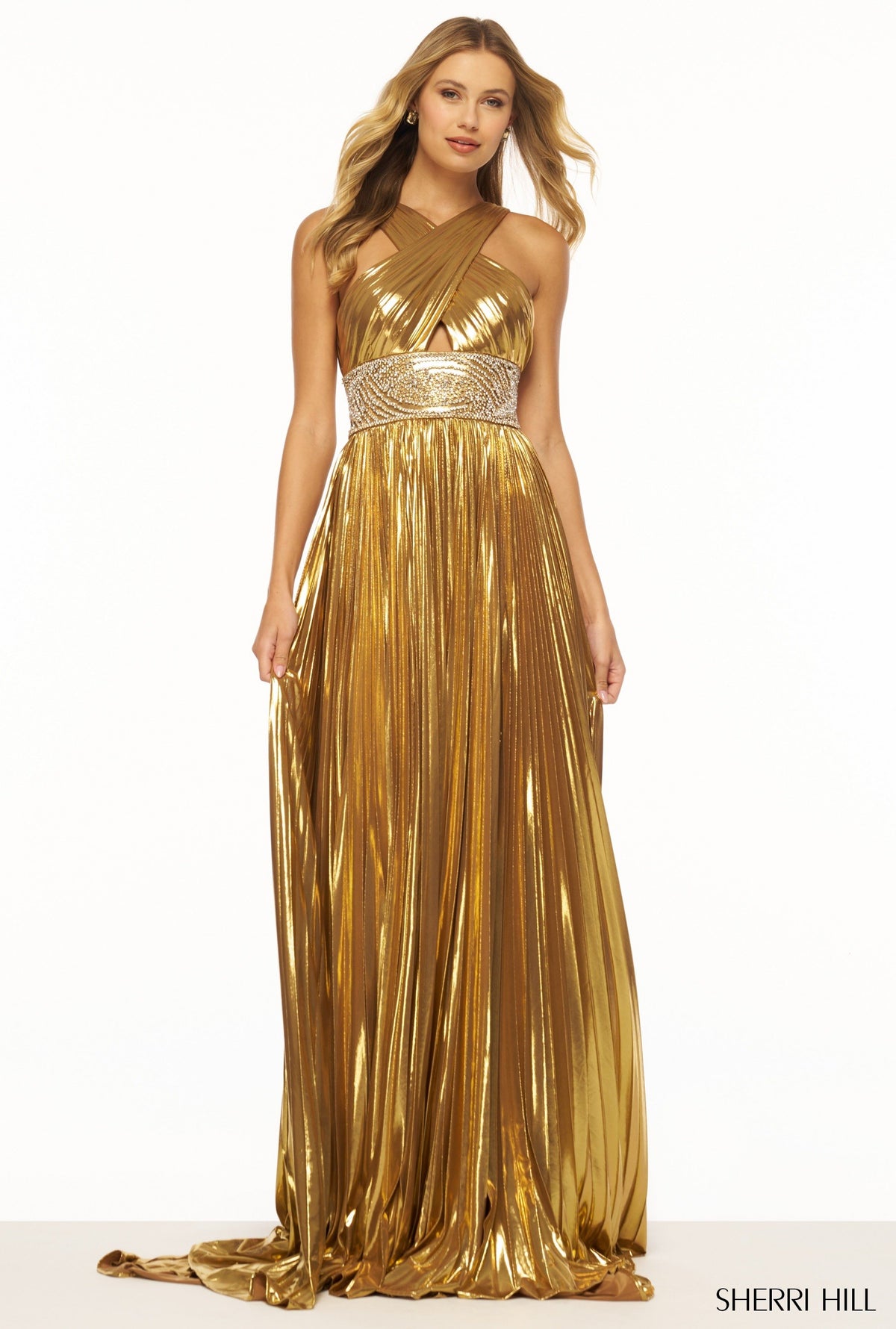 Sherri Hill 56195 pleated metallic gown in gold