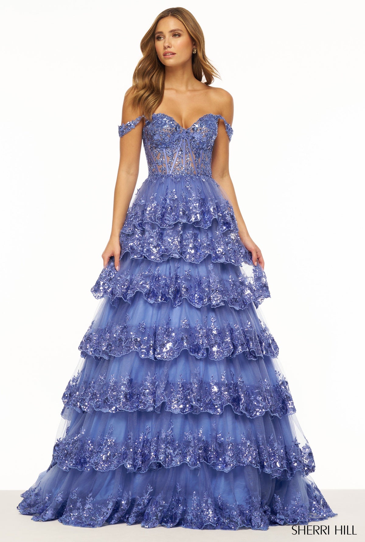 Sherri Hill 56196 ruffle tulle lace sequin ball gown in periwinkle
