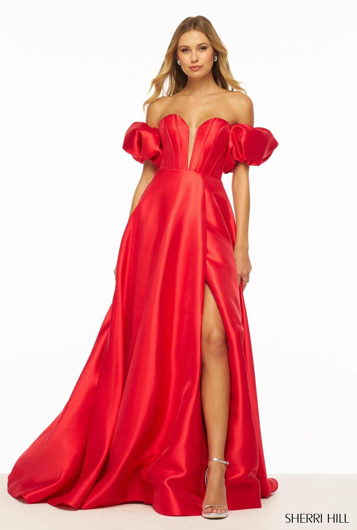 Sherri Hill 56249 strapless mikado A-line ball gown in red