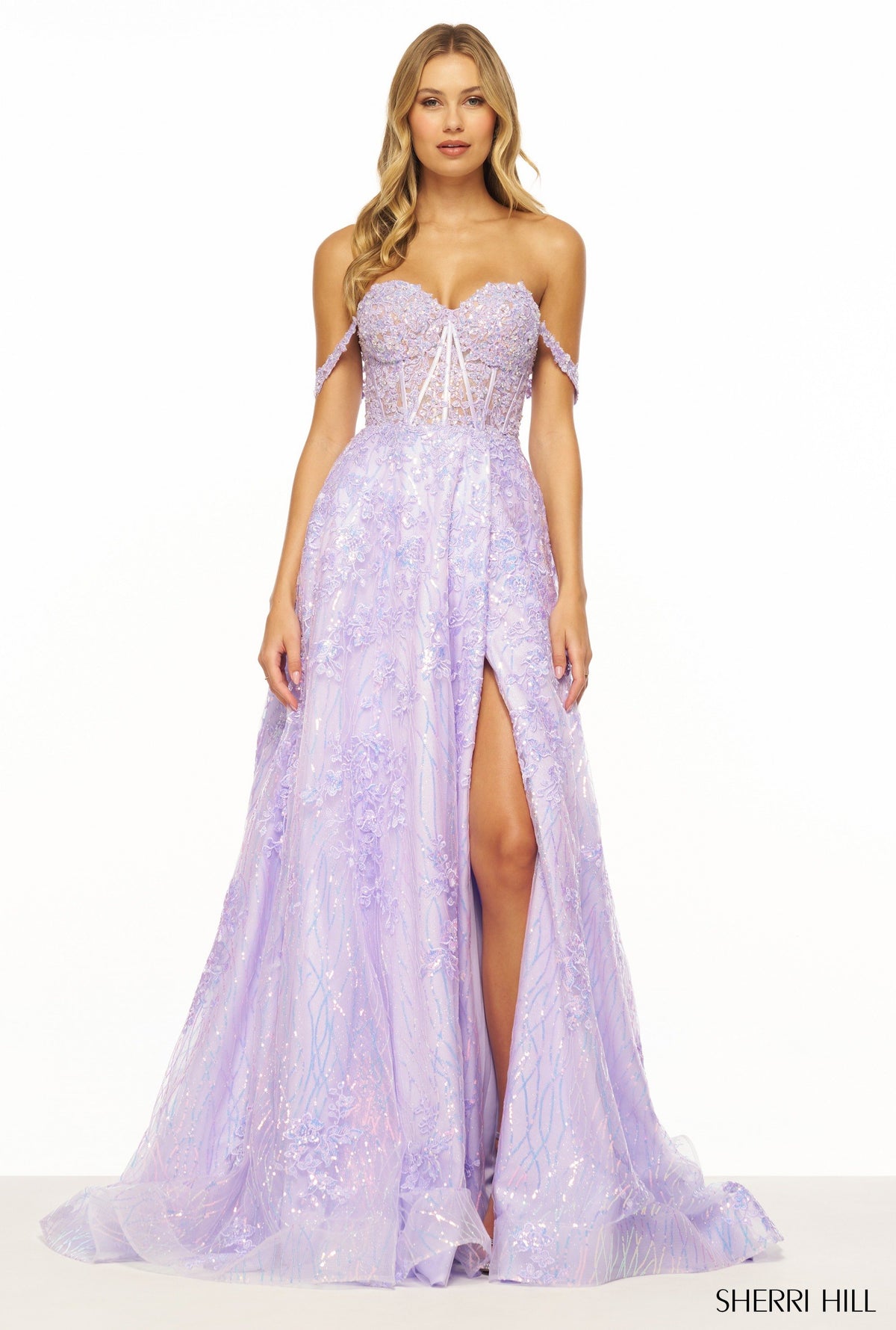 Sherri Hill 56261 strapless A-line sequin lace gown