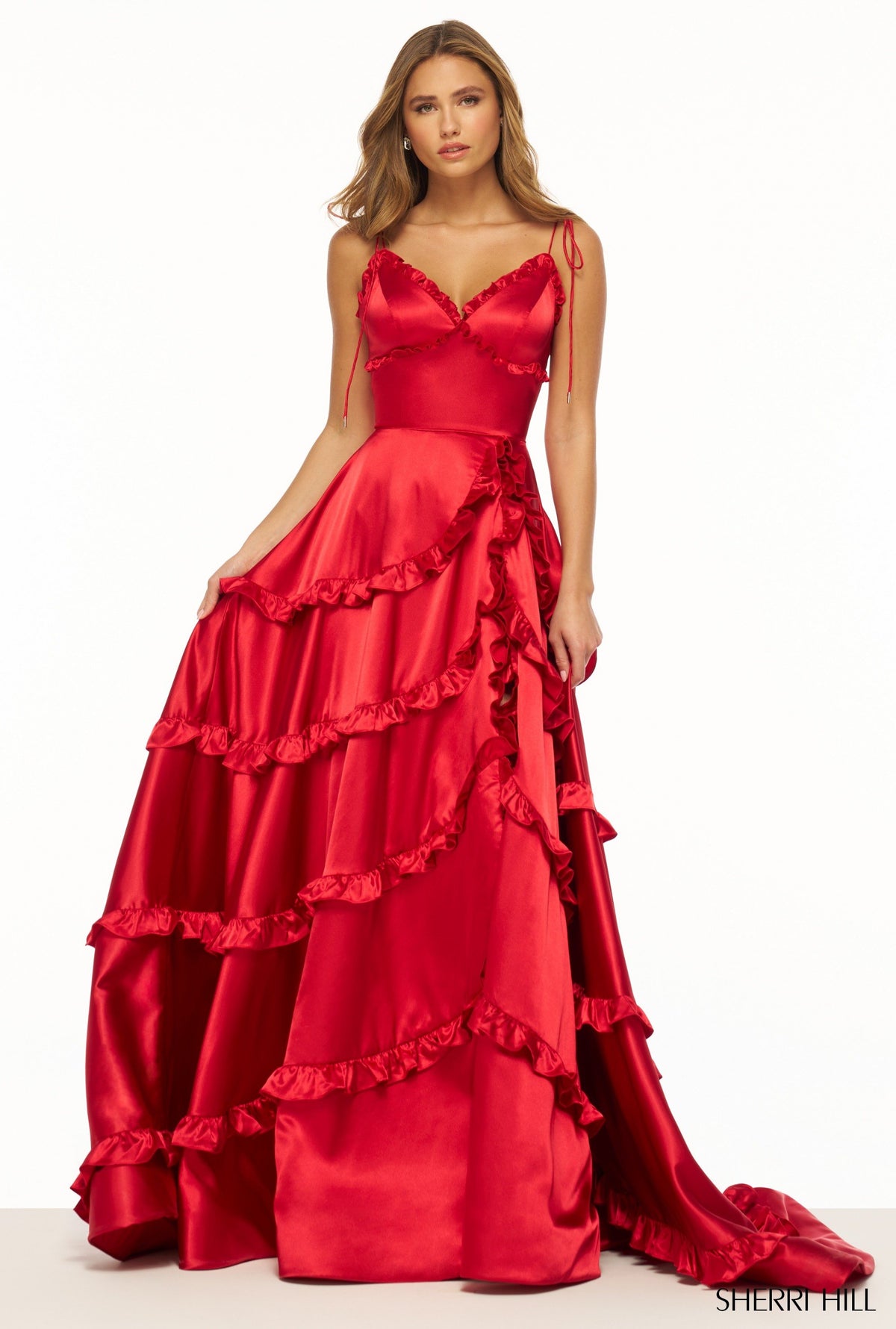 Sherri Hill 56353 satin gown in red