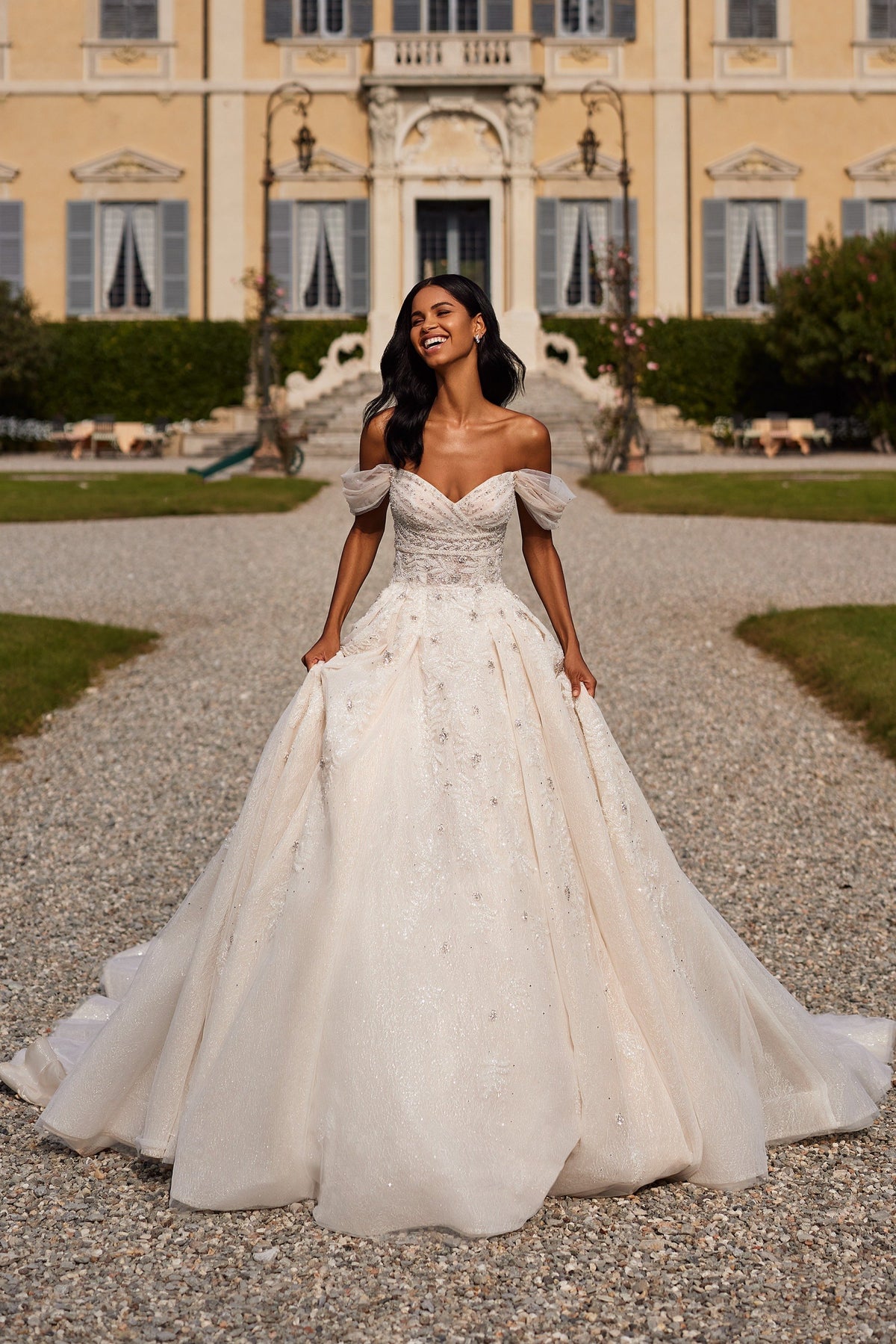 Sherri Hill 81089 off-the-shoulder ball gown wedding dress in ivory/nude