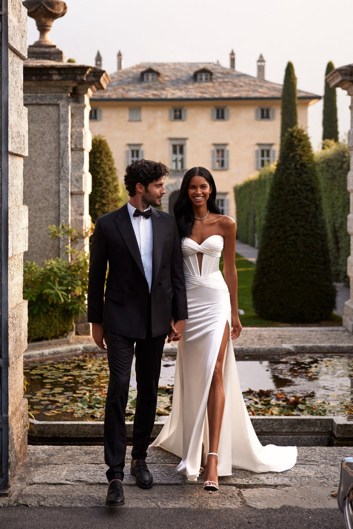 Sherri Hill 81127 strapless satin fitted wedding dress with slit in ivory