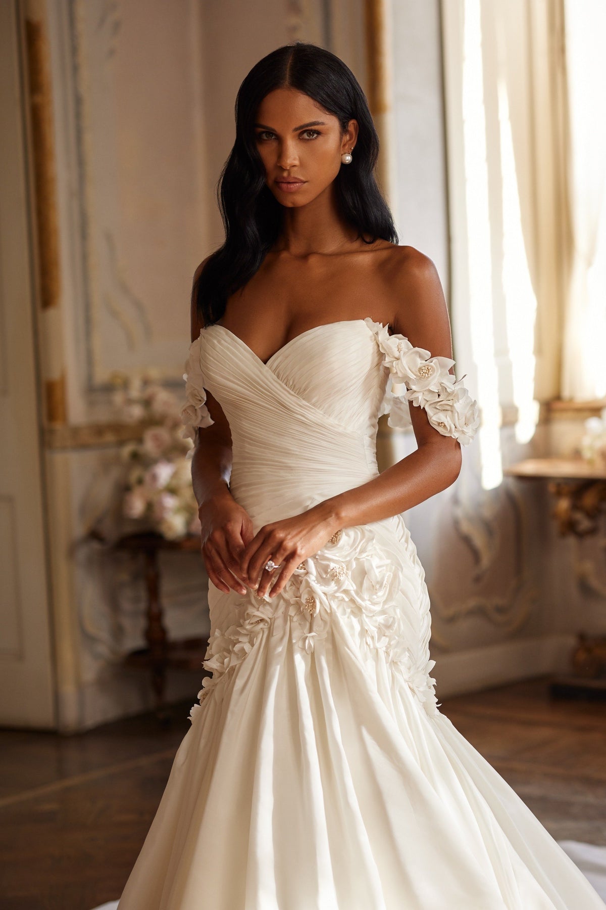 Sherri Hill 81131 off-the-shoulder satin mermaid wedding dress