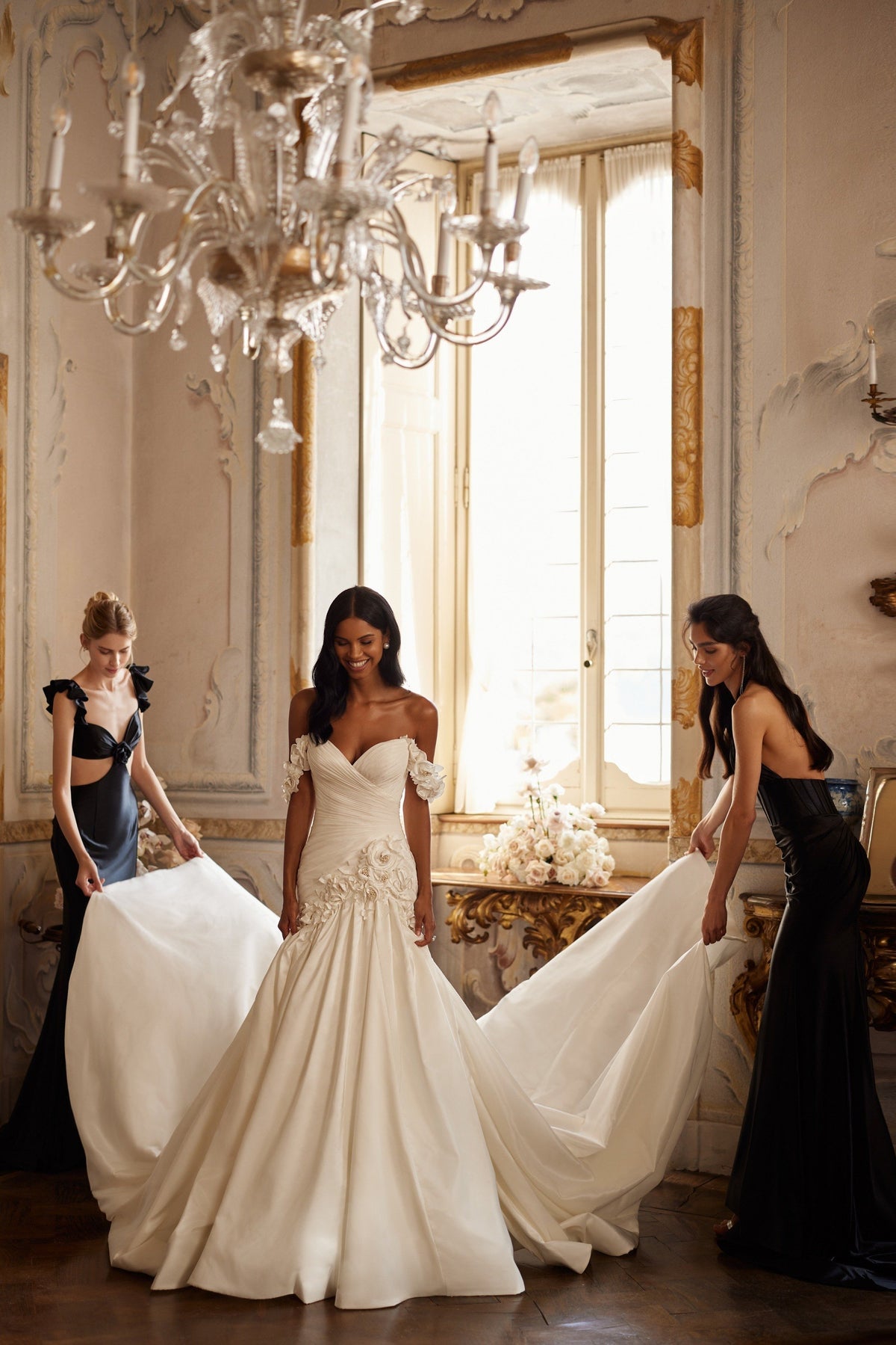 Sherri Hill 81131 off-the-shoulder satin mermaid wedding dress