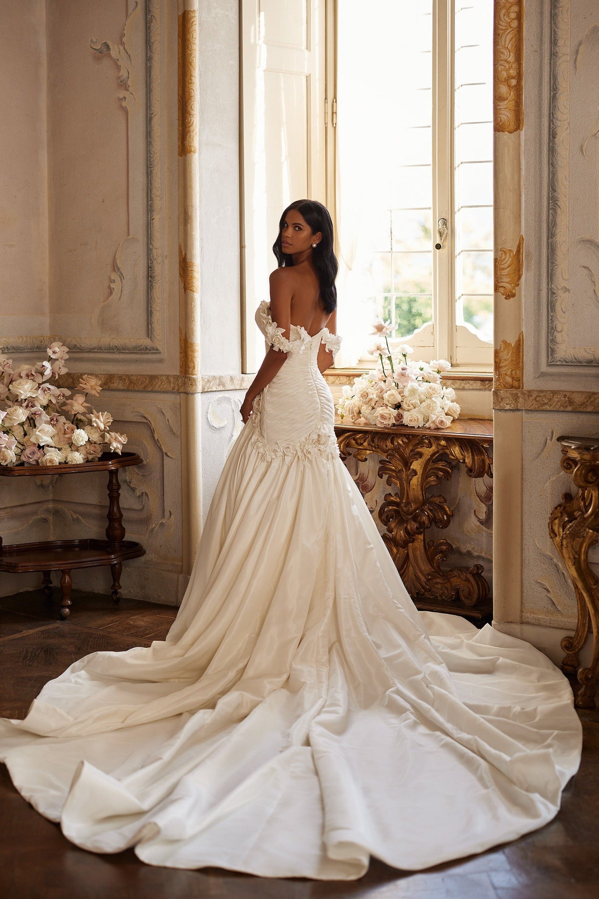 Sherri Hill 81131 off-the-shoulder satin mermaid wedding dress