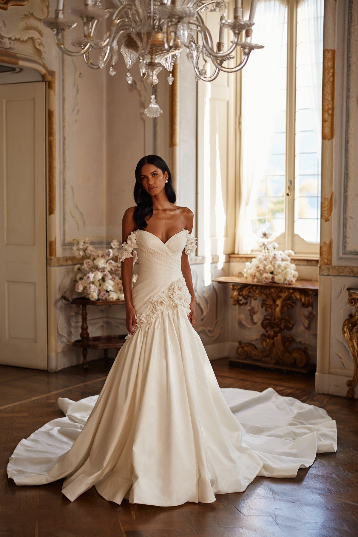 Sherri Hill 81131 off-the-shoulder satin mermaid wedding dress