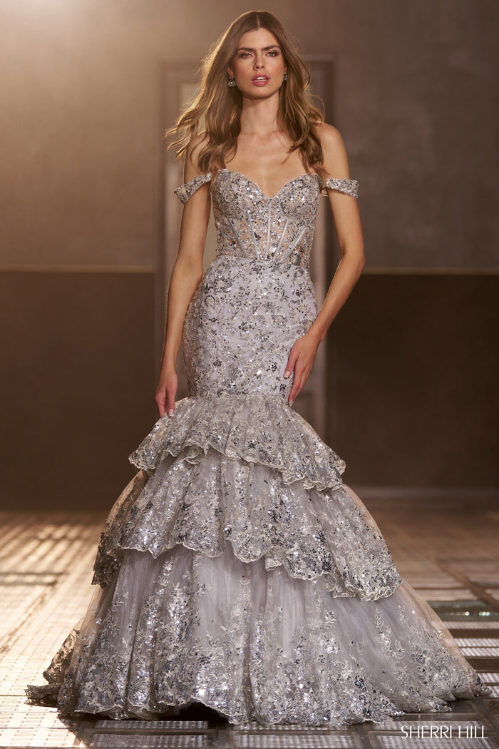 Sherri Hill 56687 sequin lace mermaid gown in silver