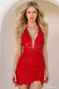 Sherri Hill 56591 halter leaf lace cocktail dress in red