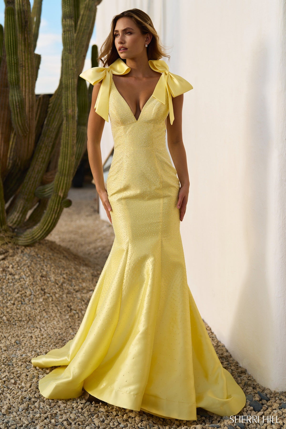 Sherri Hill 56638 mermaid hot fix taffeta gown in light yellow