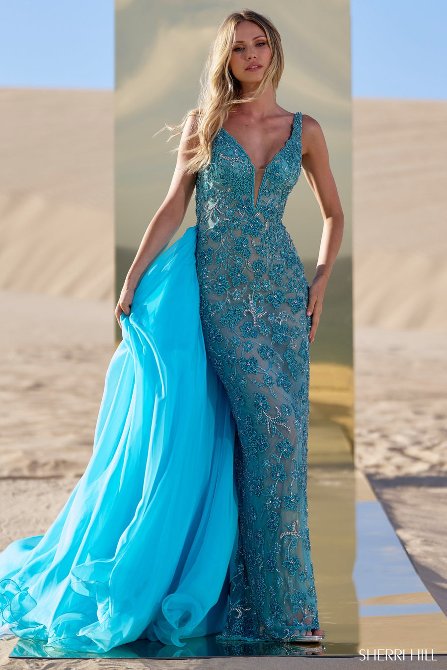 Sherri Hill style 56390 in aqua, Fully Beaded Fitted Gown