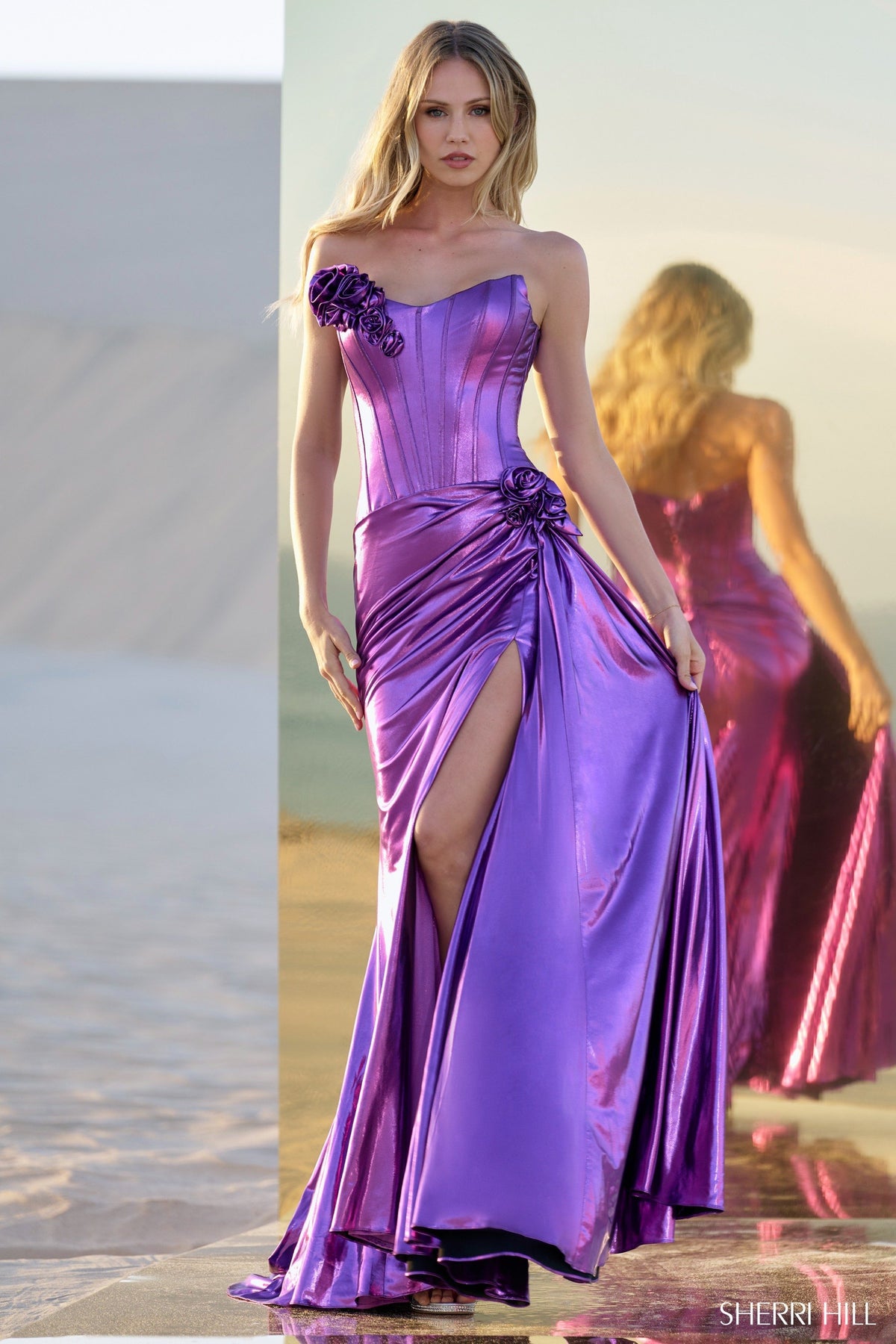 Sherri Hill 56839 metallic strapless gown in lilac