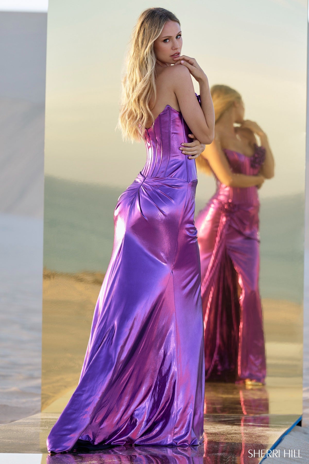 Sherri Hill 56839 metallic strapless gown