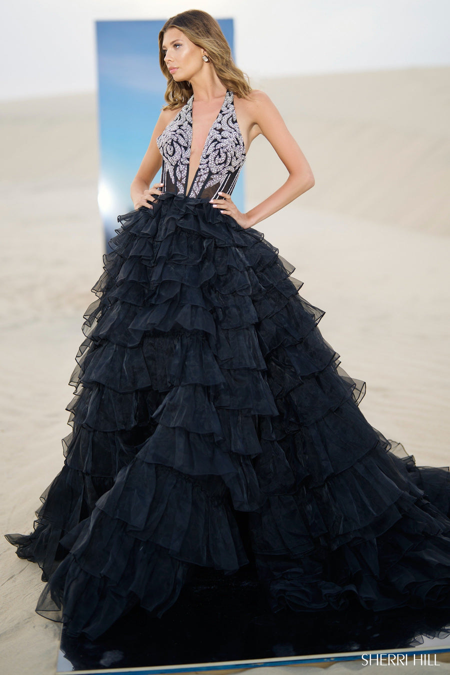 Sherri Hill style 56833 in black/silver, Beaded Halter Ball Gown