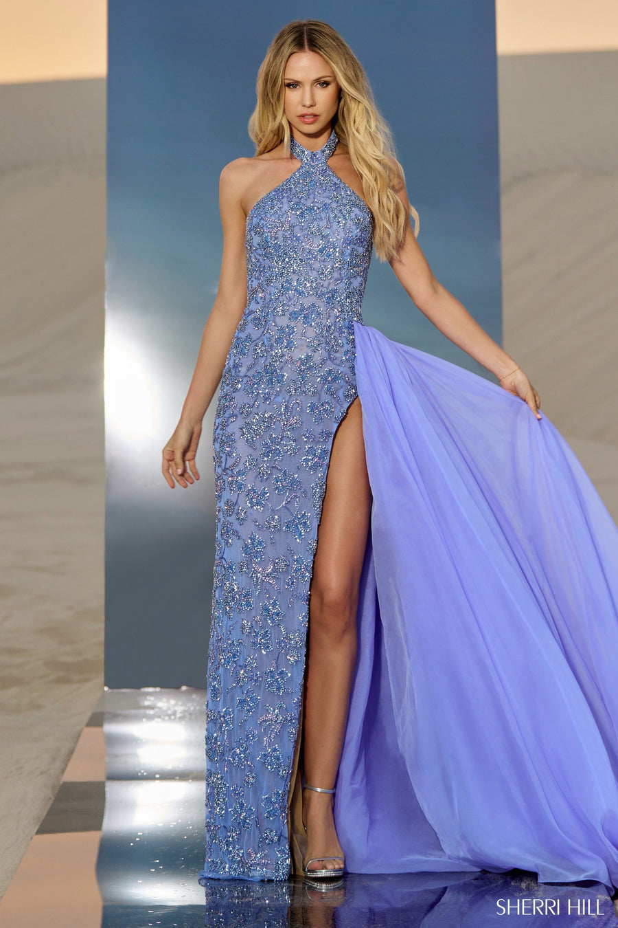 Sherri Hill style 67005 in periwinkle/nude