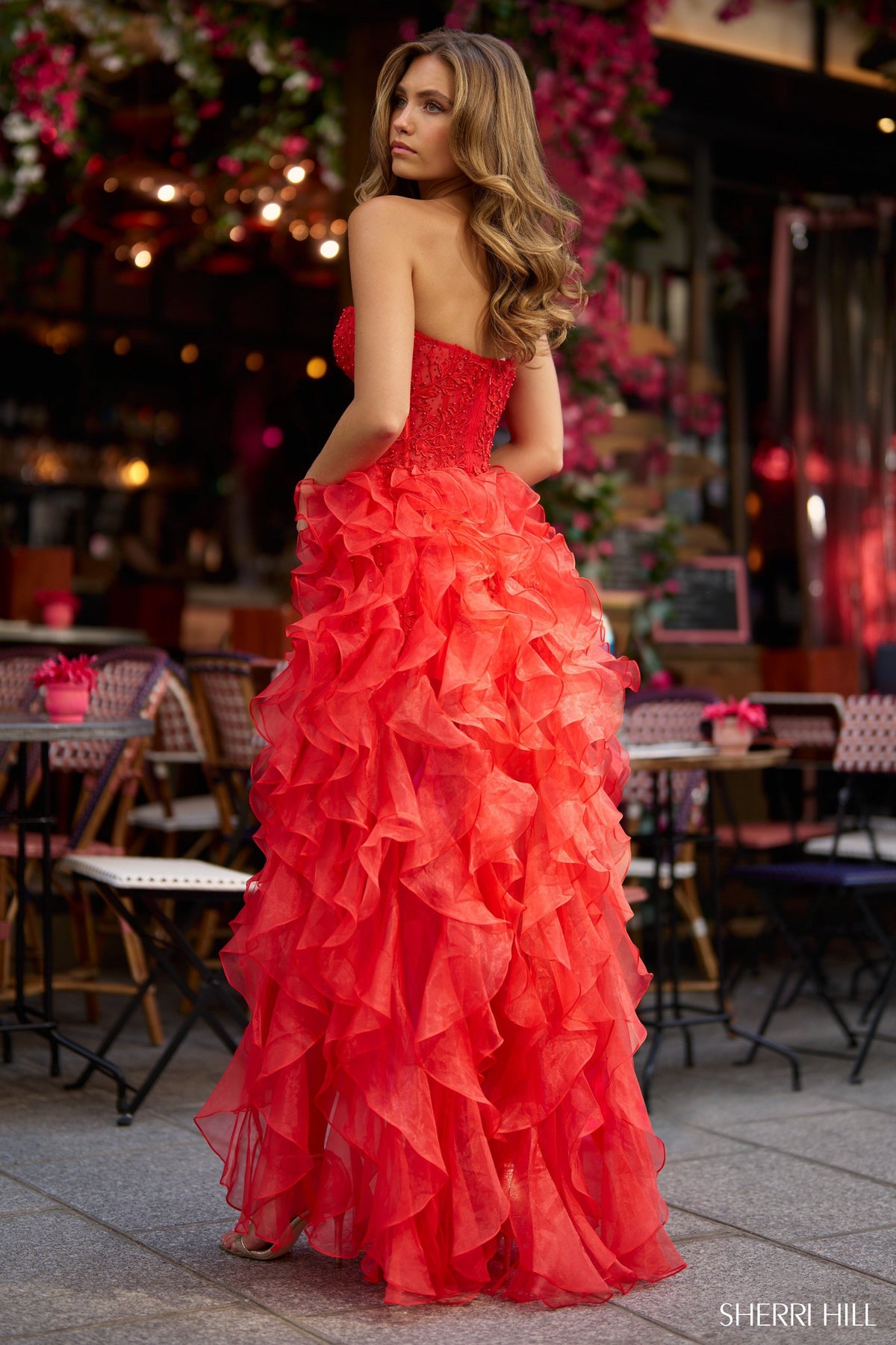 Sherri Hill 57018 strapless leaf lace high-low gown