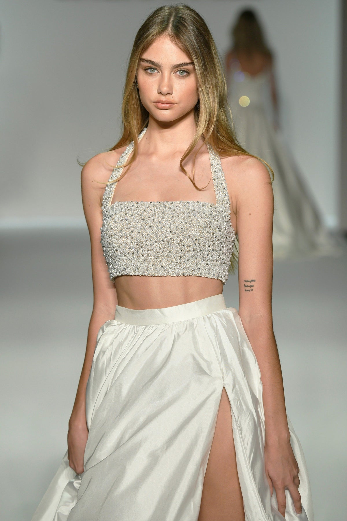 Sherri Hill 57101 two piece gown in nude with ivory and silver