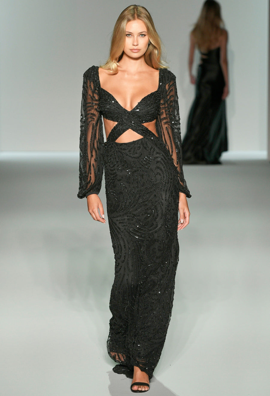 Sherri Hill style 57081 in black, Long Sleeve Fitted Beaded Gown