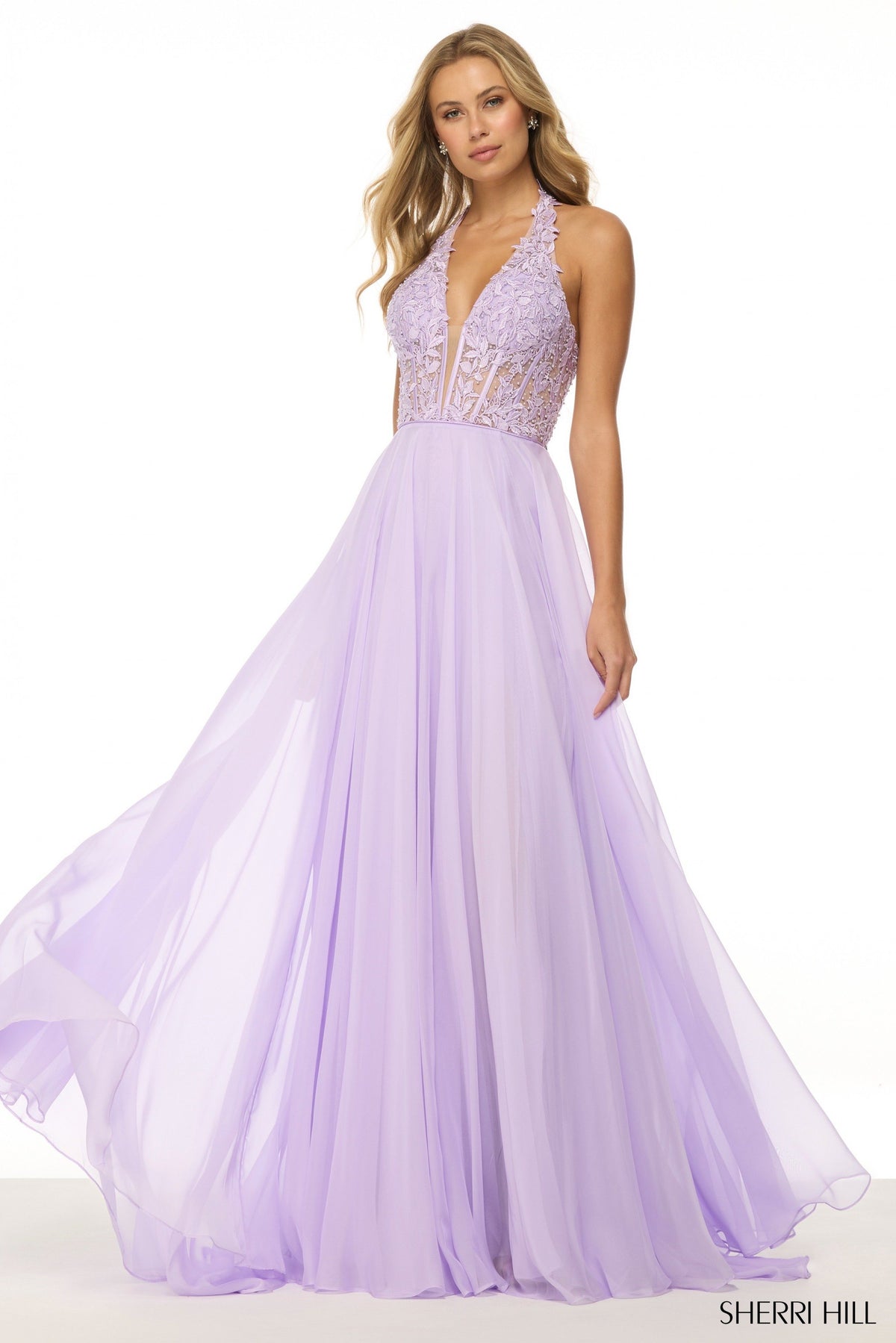 Sherri Hill 56488 halter leaf lace gown