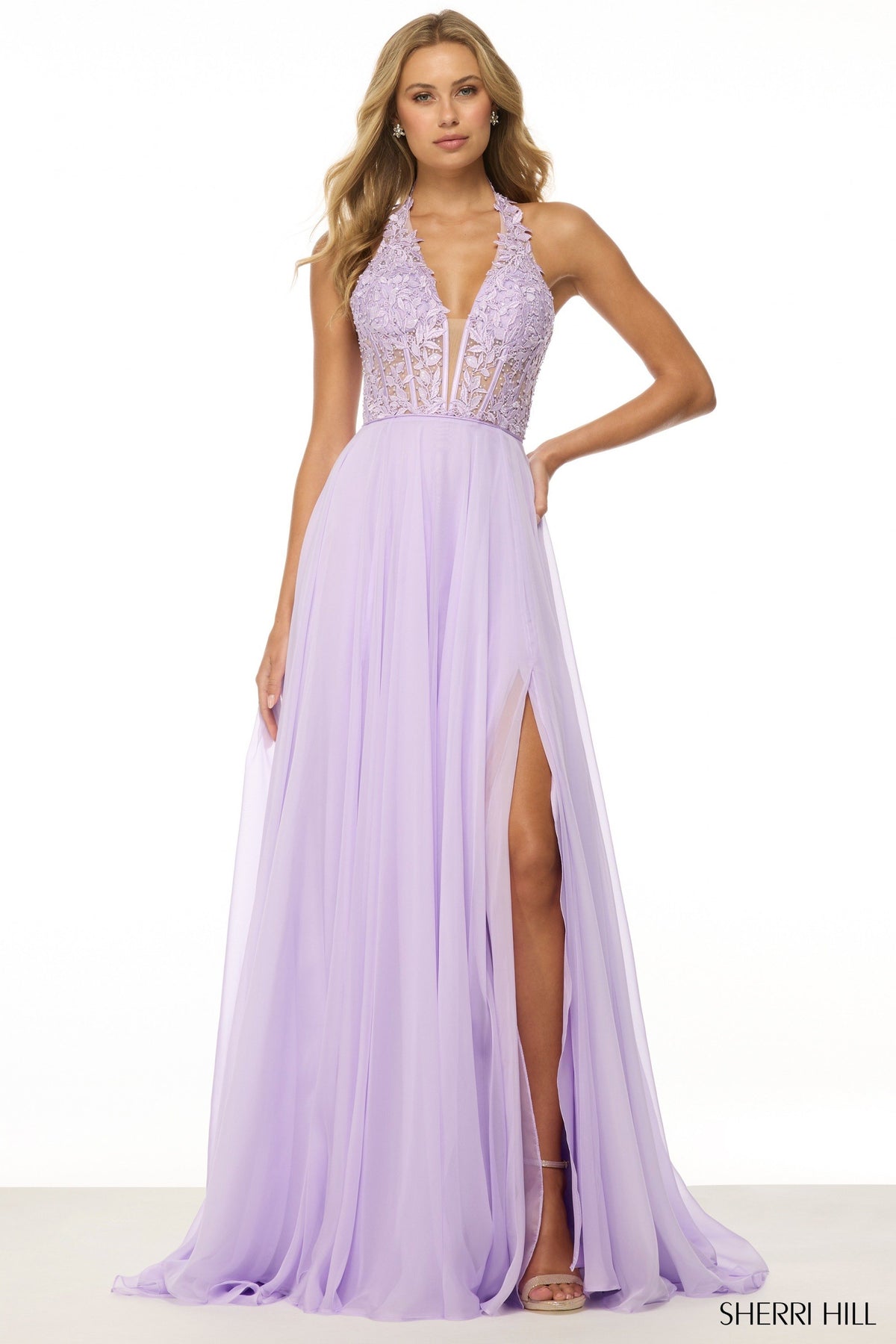 Sherri Hill 56488 halter leaf lace gown in lilac