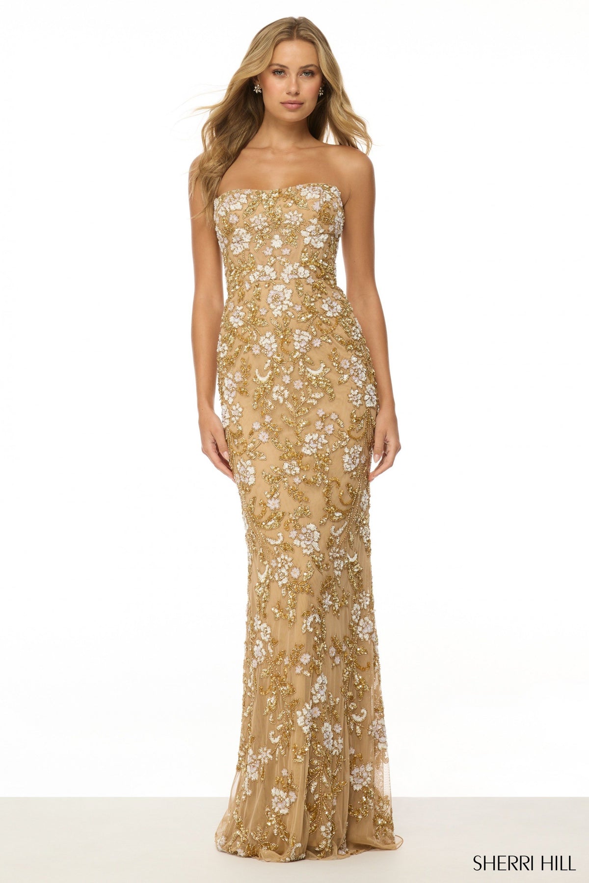 Sherri Hill style 57107 in nude with ivory and gold