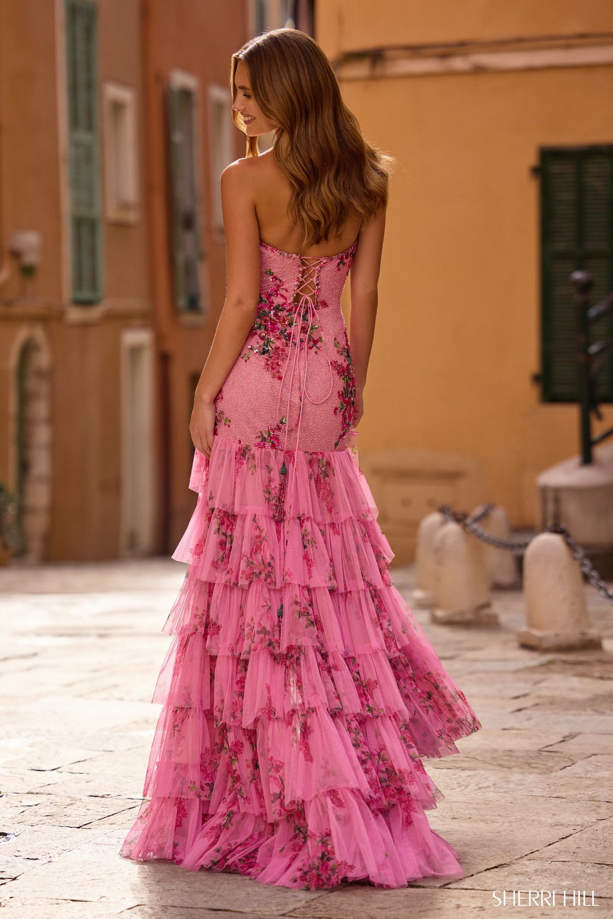 Sherri Hill 57196 floral beaded strapless gown