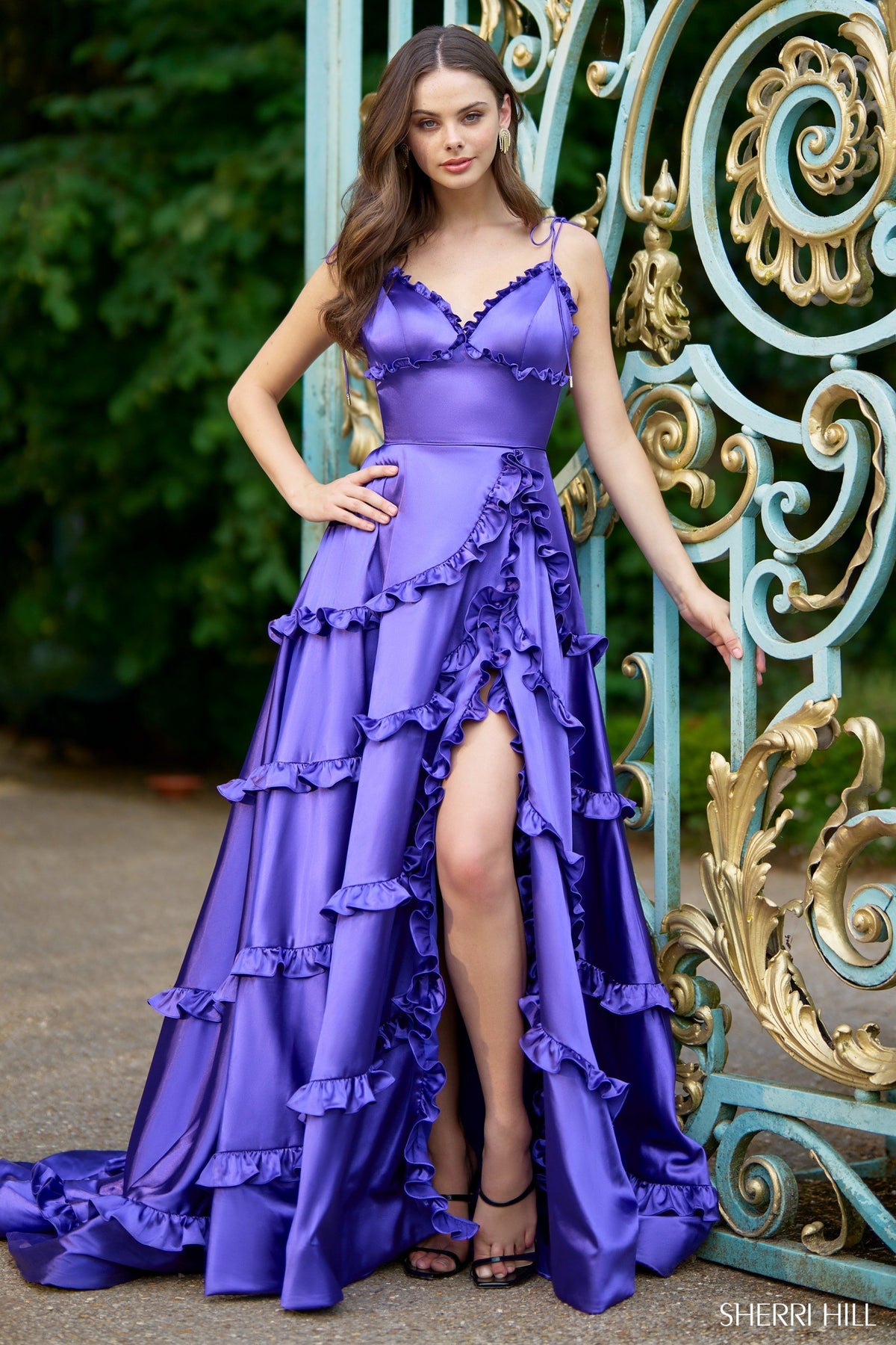 Sherri Hill 56353 satin gown in purple