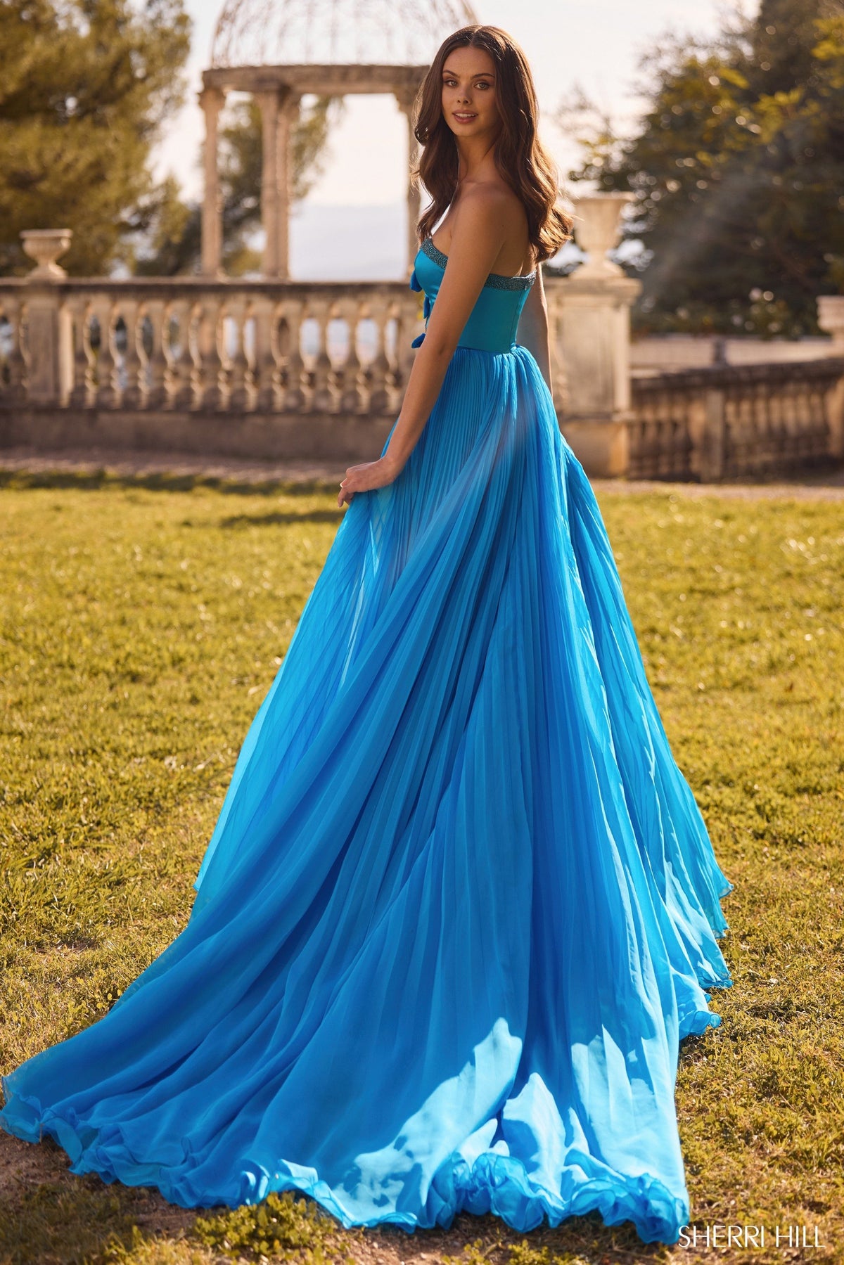 Sherri Hill 57028 strapless chiffon A-line pleated gown