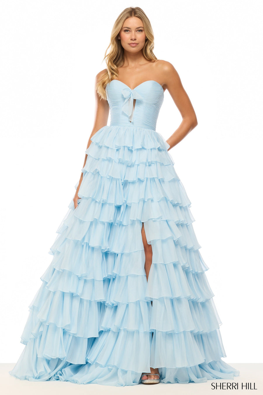 Sherri Hill style 57424 in fuchsia, Strapless Chiffon Ruffle Ballgown