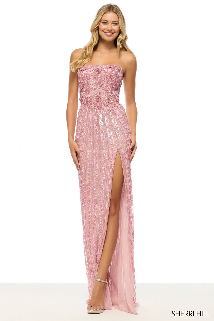 Sherri Hill style 57632 in light pink/pink, Strapless Beaded Gown