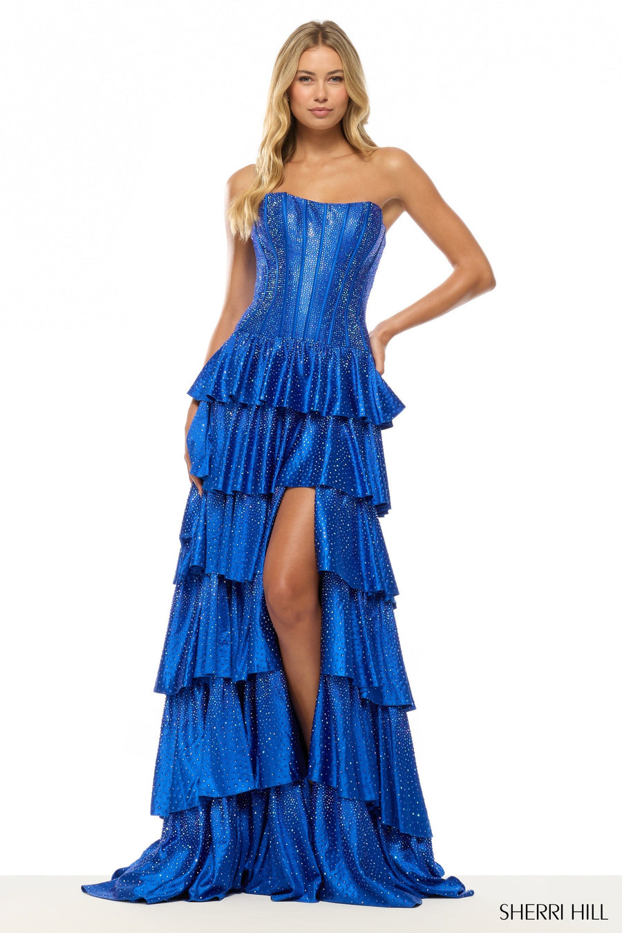 Sherri Hill style 57639 in yellow, Strapless Hot Fix A-Line Gown