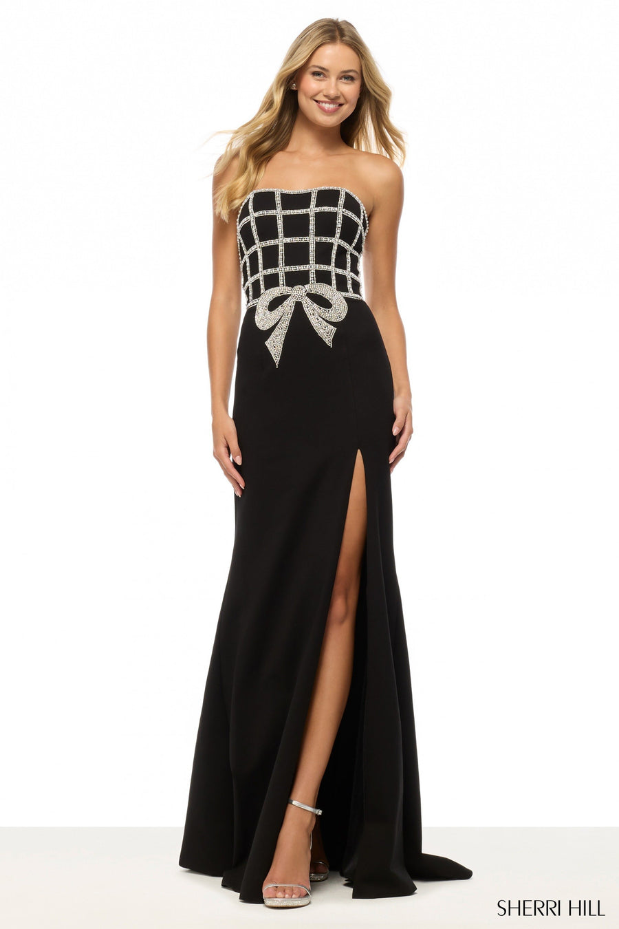 Sherri Hill style 57732 in ivory/silver, Strapless Scuba Dress