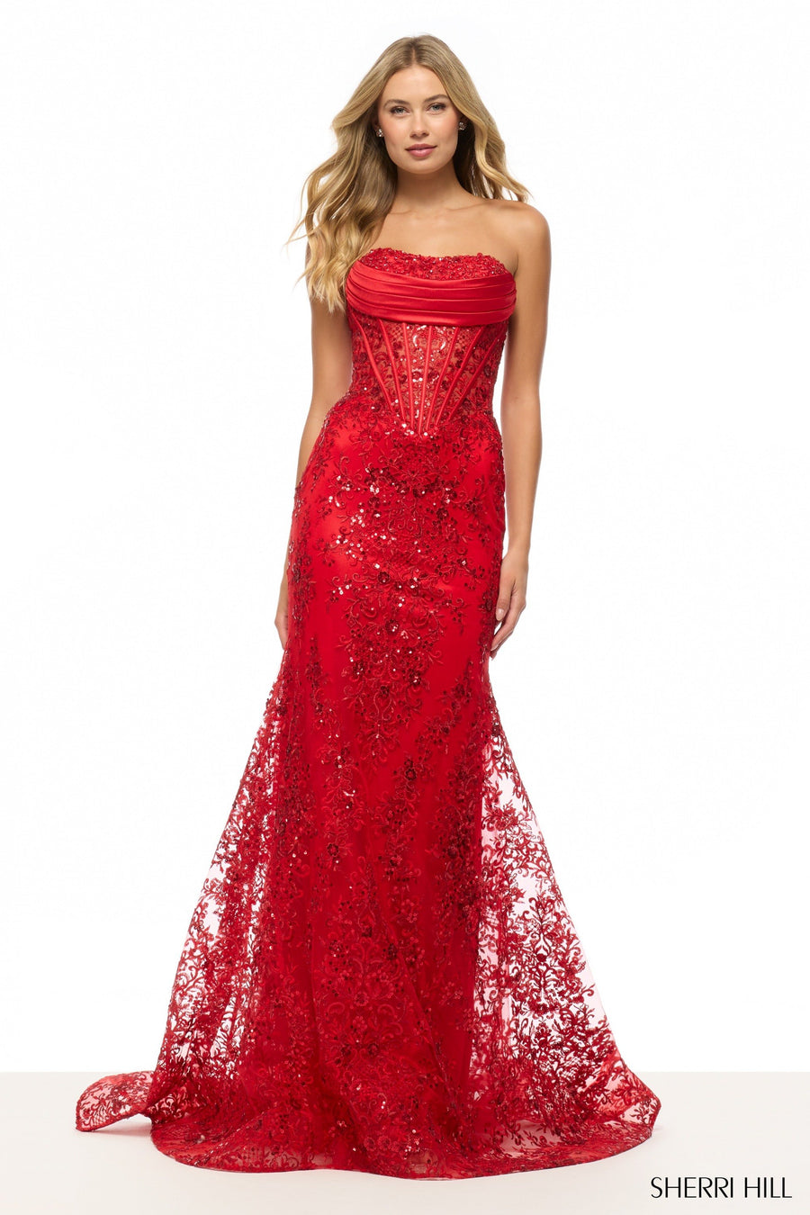 Sherri Hill style 57645 in navy, Strapless Sequin Lace Gown
