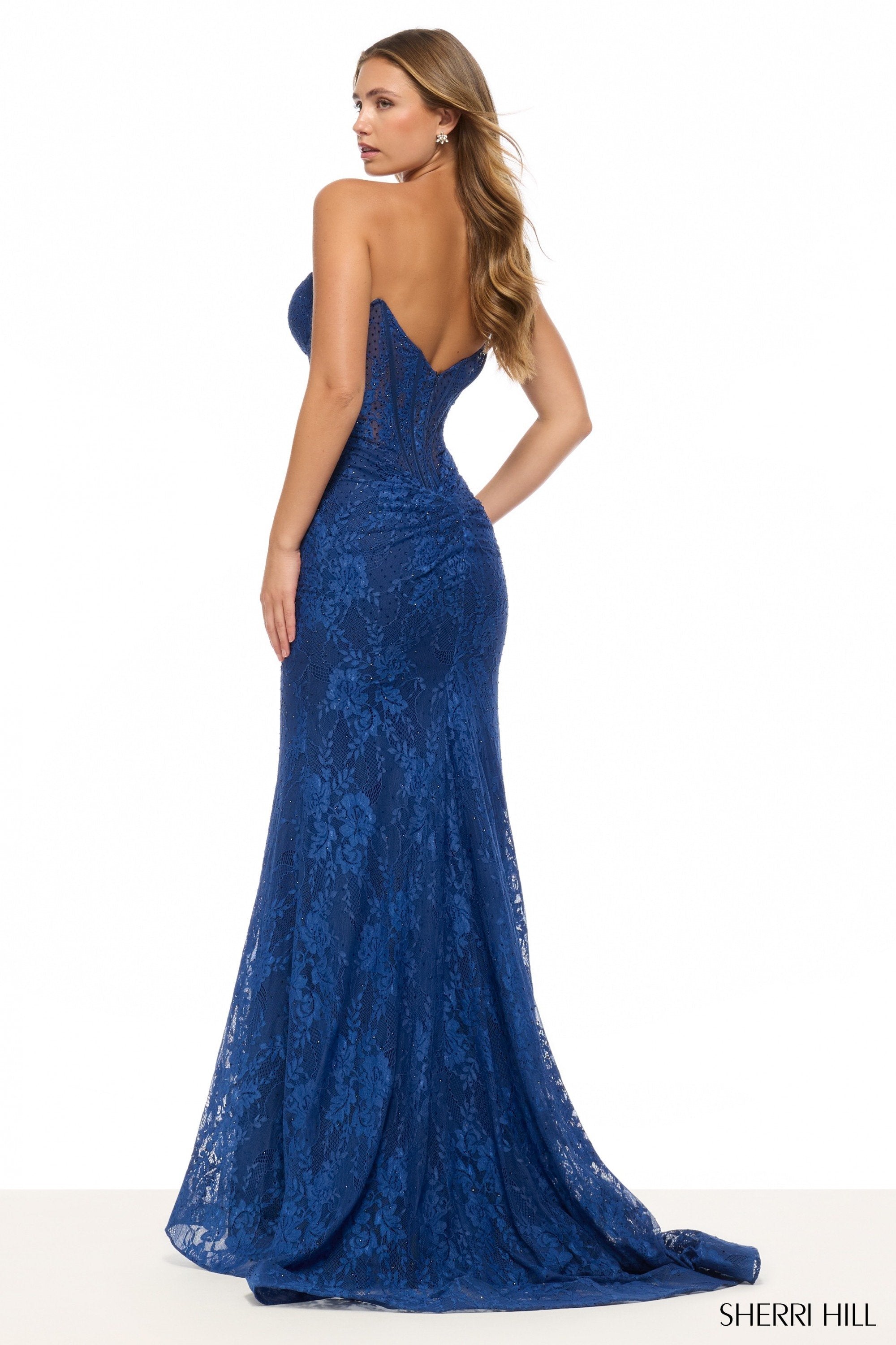 Sherri Hill 57659 | Strapless Fitted Hot Fix Lace Gown