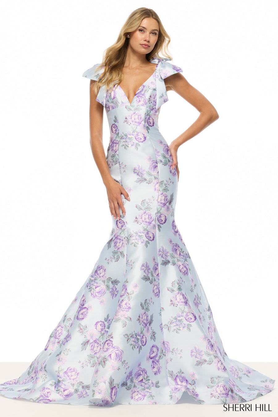 Sherri Hill style 57854 in light blue/lilac print, Mermaid Floral Gown