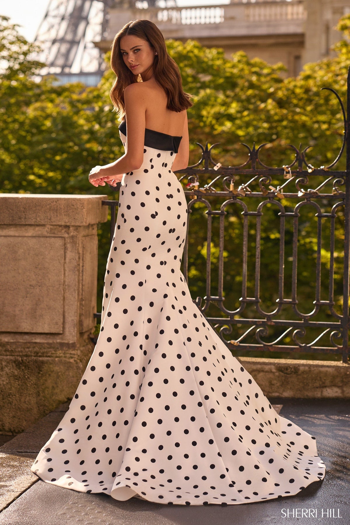 Sherri Hill 57665 strapless fitted polka dot gown