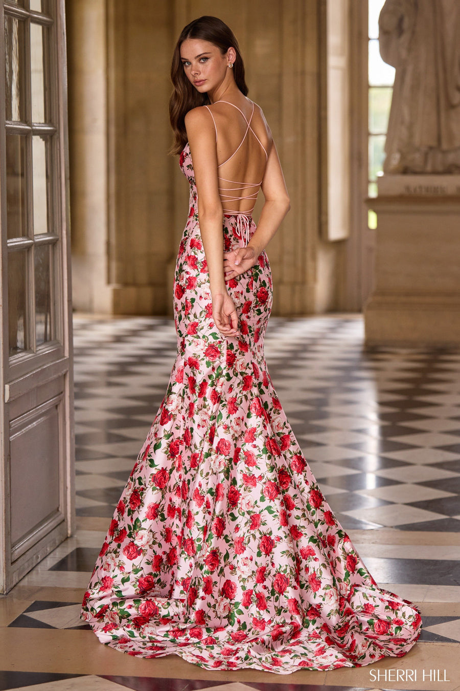 Sherri Hill style 57720 in pink print, Fitted Floral Gown