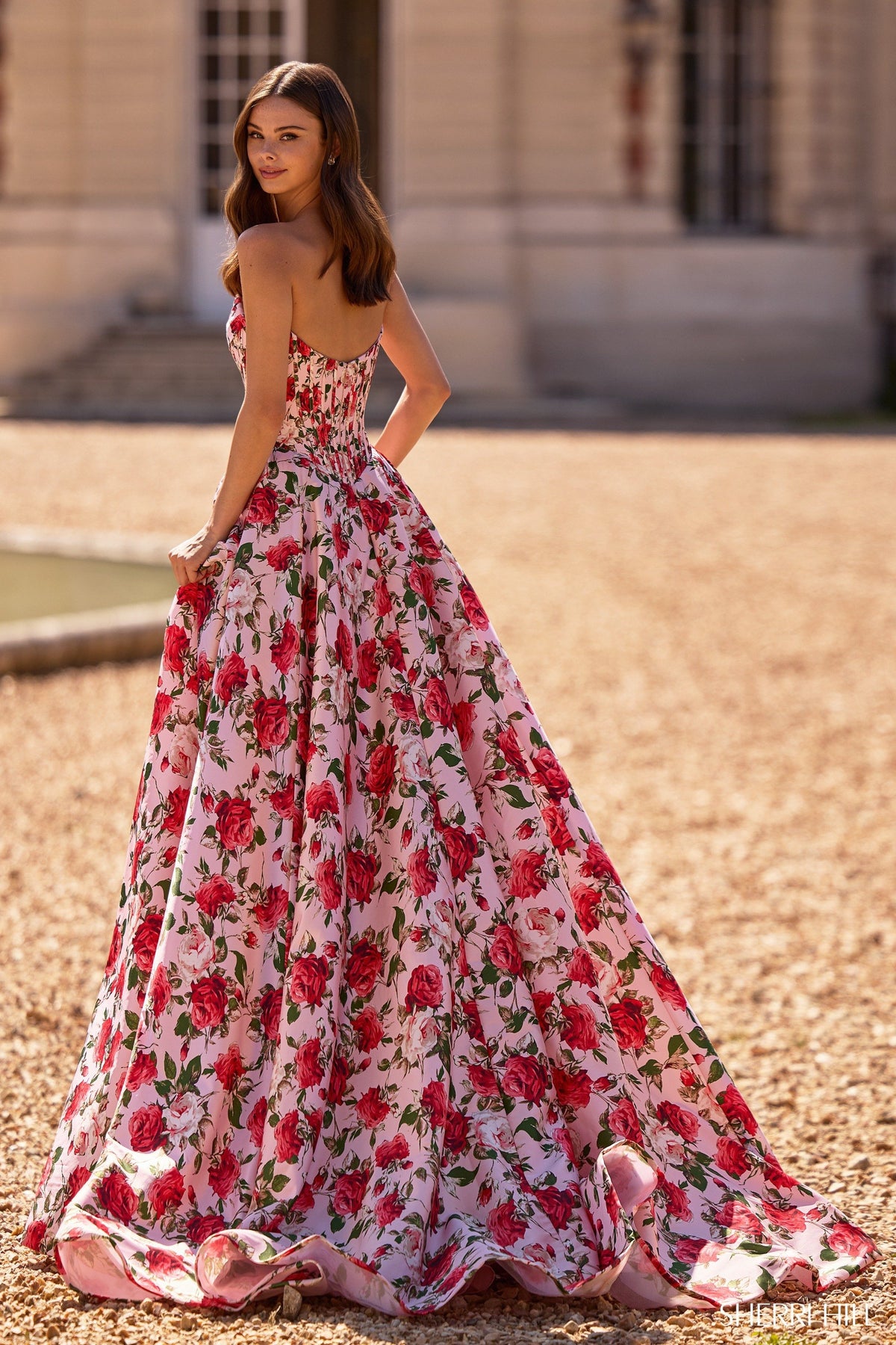 Sherri Hill 57723 strapless floral gown