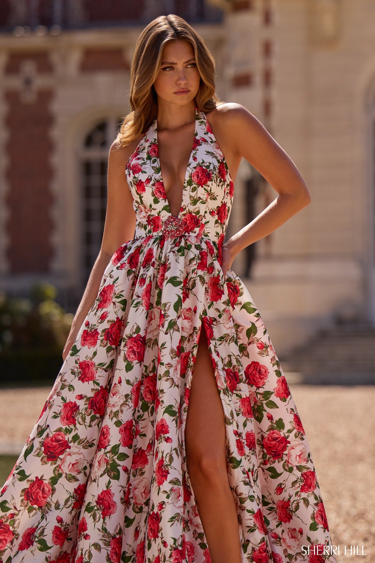 Sherri Hill 57726 halter floral gown in ivory print