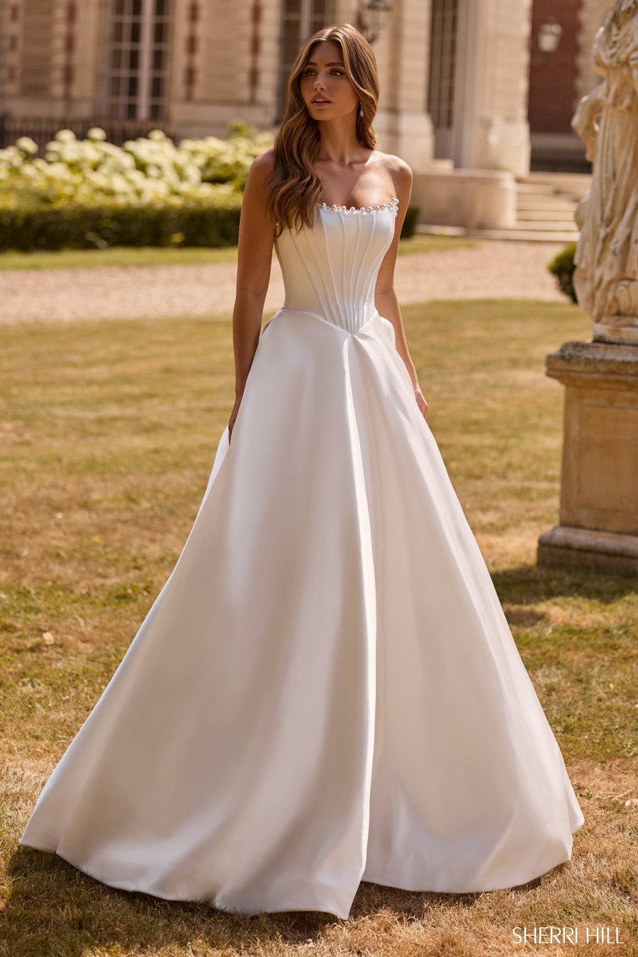 Sherri Hill style 57742 in light blue, Strapless Satin Ballgown