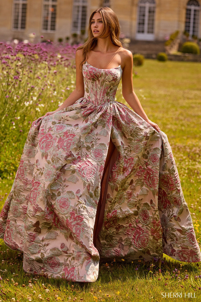 Sherri Hill 57757 strapless brocade gown in nude with multi