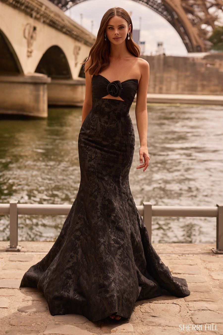 Sherri Hill style 57792 in black, Strapless Brocade Dress
