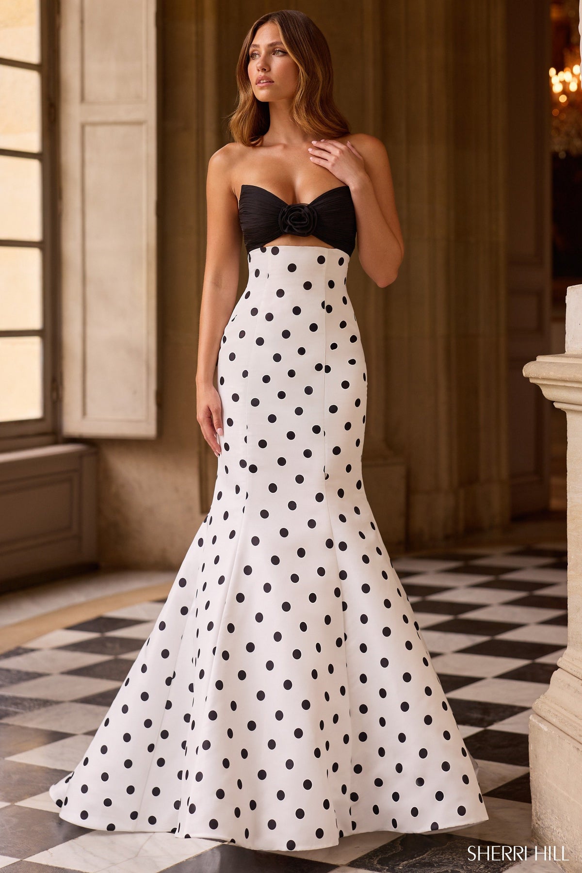 Sherri Hill 57800 fitted taffeta mermaid polkadot gown
