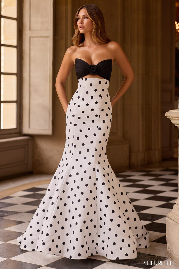 Sherri Hill 57800 fitted taffeta mermaid polkadot gown in ivory with black