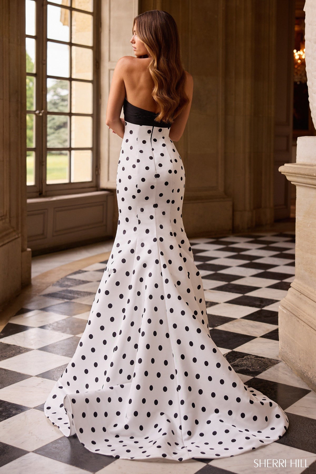 Sherri Hill 57800 fitted taffeta mermaid polkadot gown